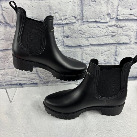 Nautica Women's 7 Black Rubber Waterproof Pull-on Chelsea Rain Ankle Boots - Picture 7 of 10